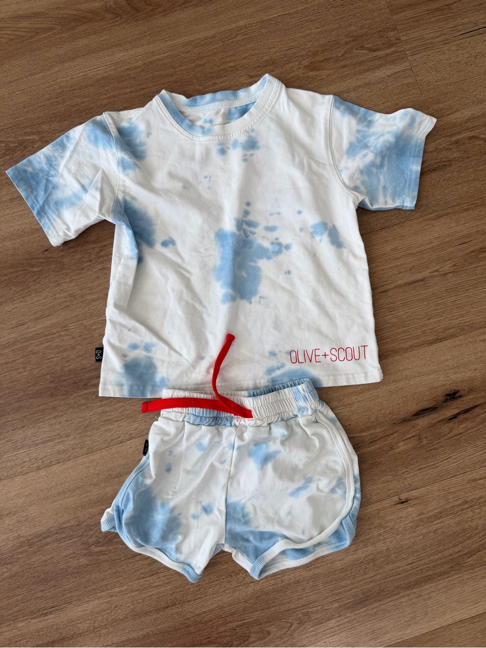 Olive + Scout Kids White and Light Blue Tie-Dye Polo Set with Red Drawstring